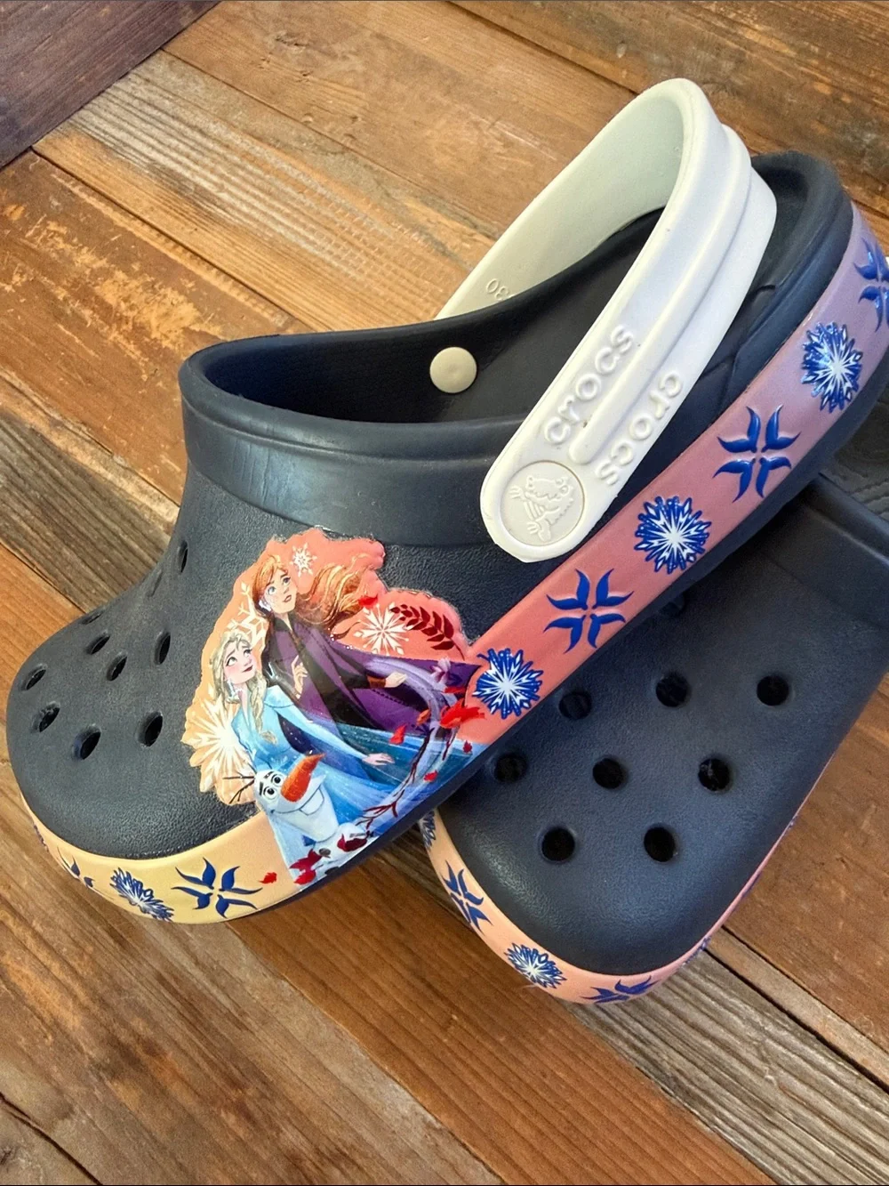 CROCS Kids Navy Clogs with Pink Trim and Frozen Character